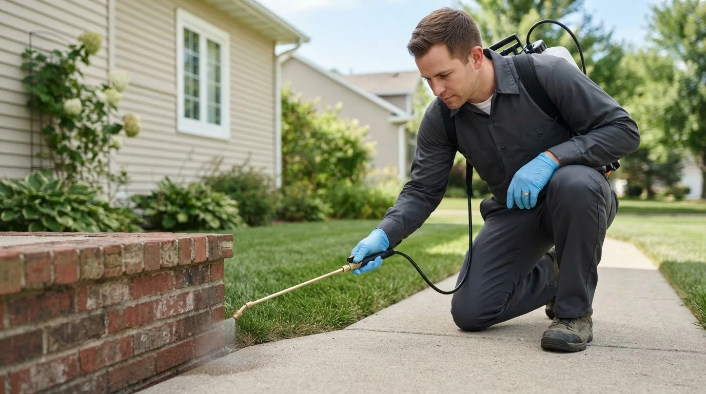 Pest control technician treating a home near Versailles, MO