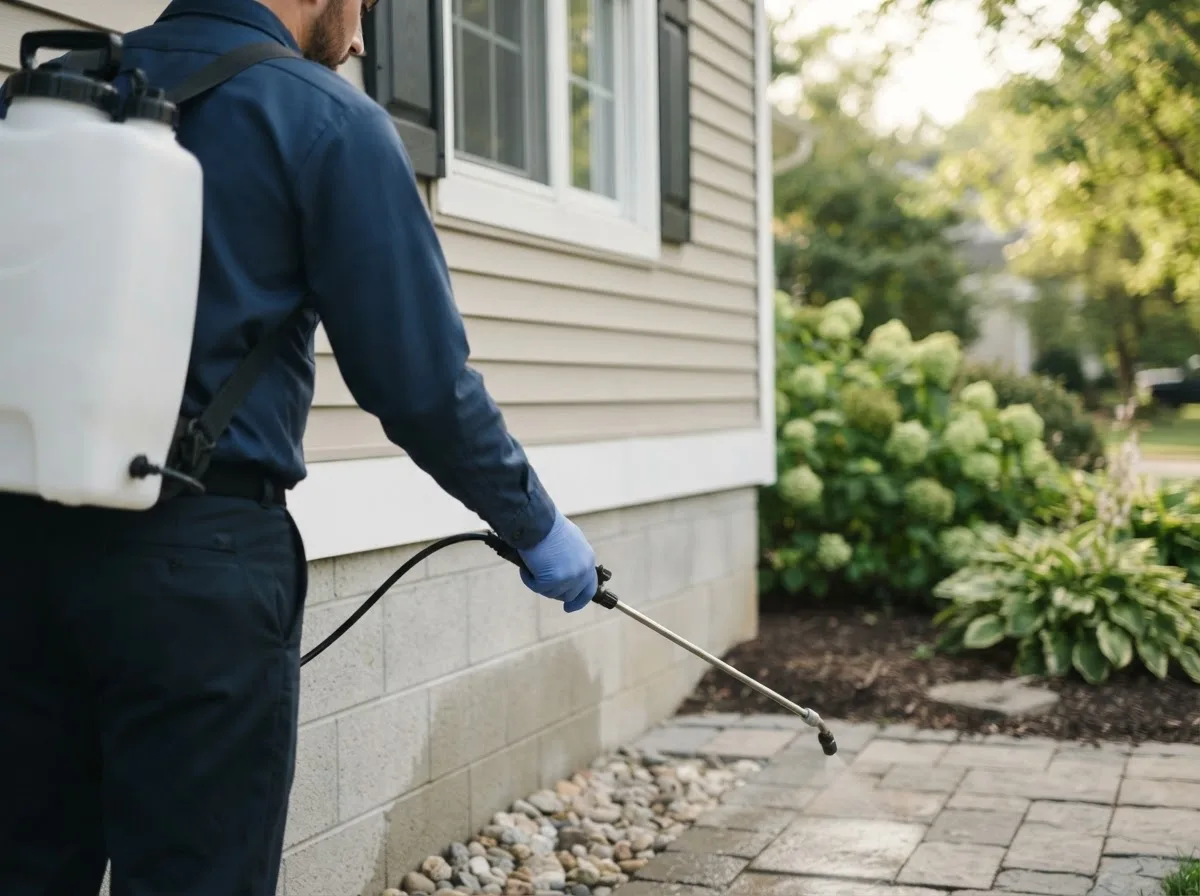 Pest control technician inspecting a home in Versailles, MO